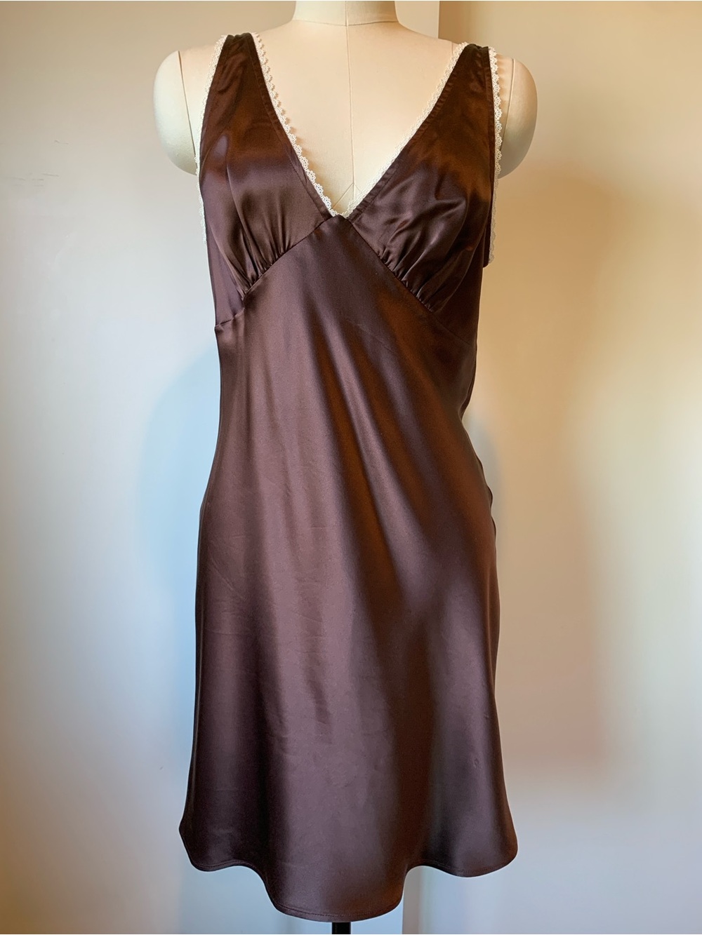 Silk Reformation Chocolate Brown Satin Slip Dress with Lace Trim